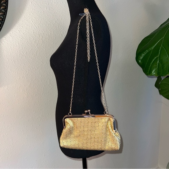Gold Rhinestone Kiss Closure Bag Purse Shoulder Evening Bag Gold Tone Hardware - Picture 16 of 16